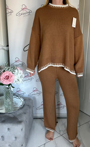 Camel Knitted Loungesuit with Cream Trim