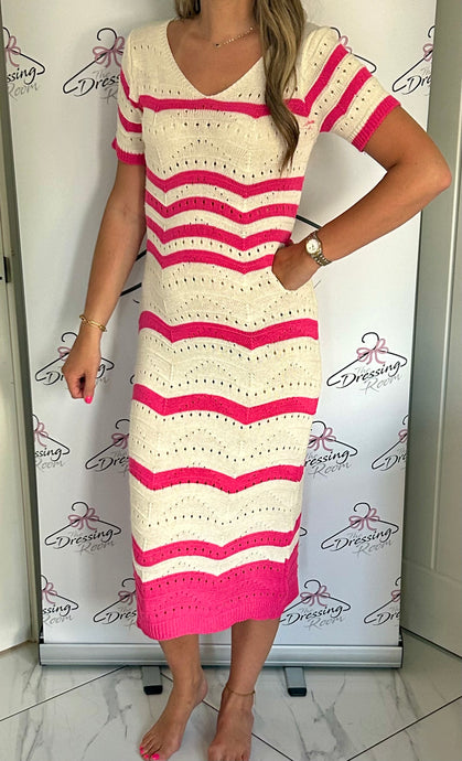 Short Sleeve Striped Crochet Dress in Cream and Pink
