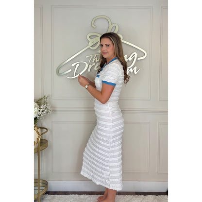 Denim Trim Midi Dress in White