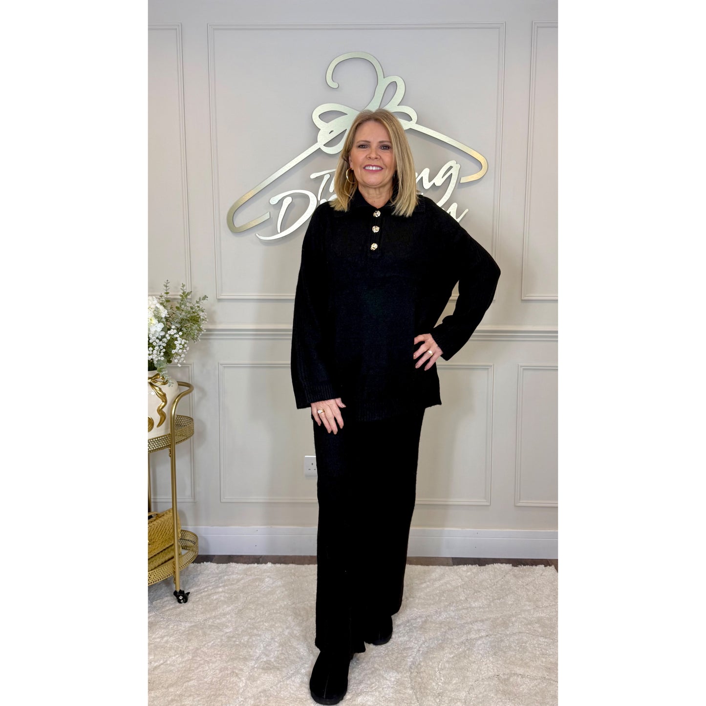Ribbed Collared Gold Button Loungesuit in Black