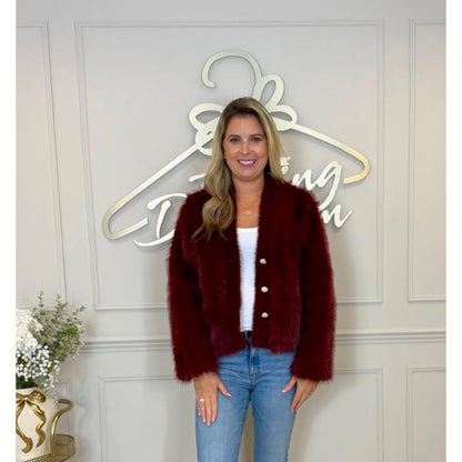 Fur Cardigan with Pearlised Buttons in Burgendy