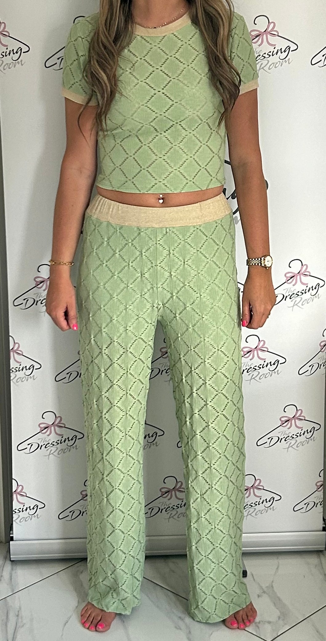 Laser Cut Trouser Co-ord in Mint