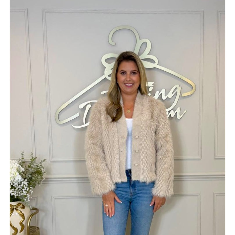 Fur Cardigan with Pearlised Buttons in Cream