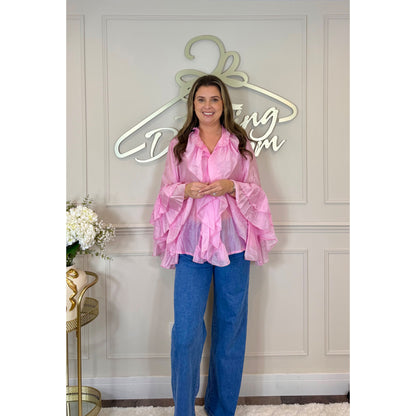 Bell Sleeve Ruffle Blouse in Pink