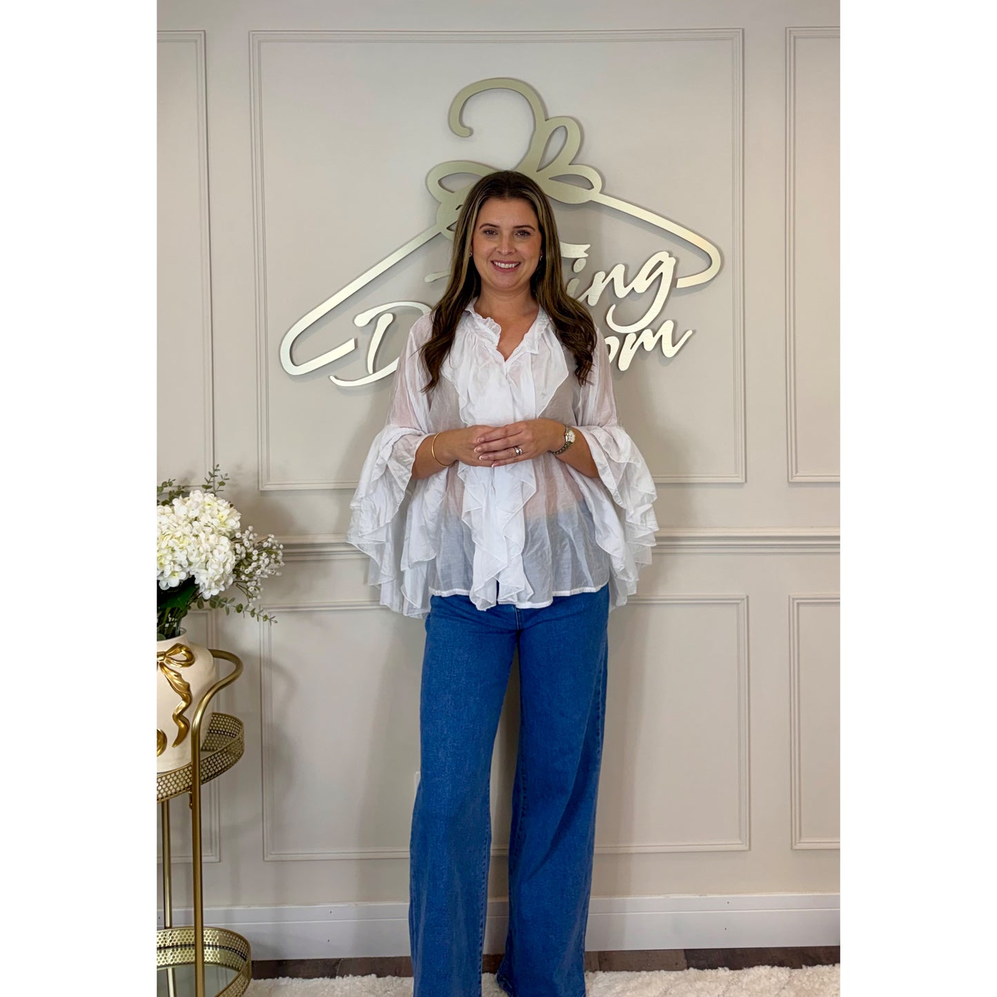 Bell Sleeve Ruffle Blouse in White