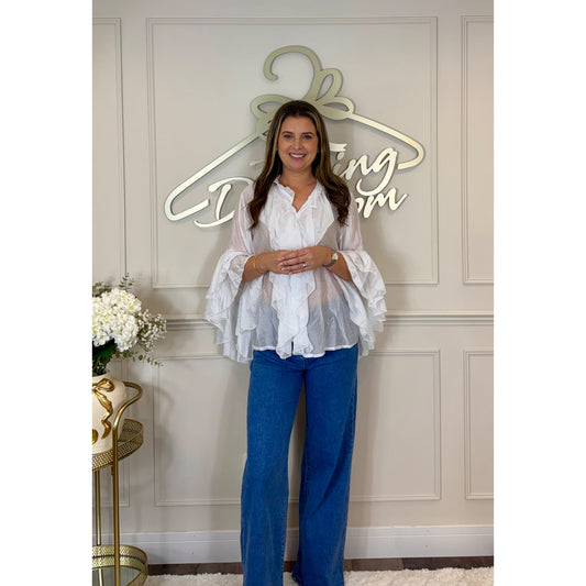 Bell Sleeve Ruffle Blouse in White