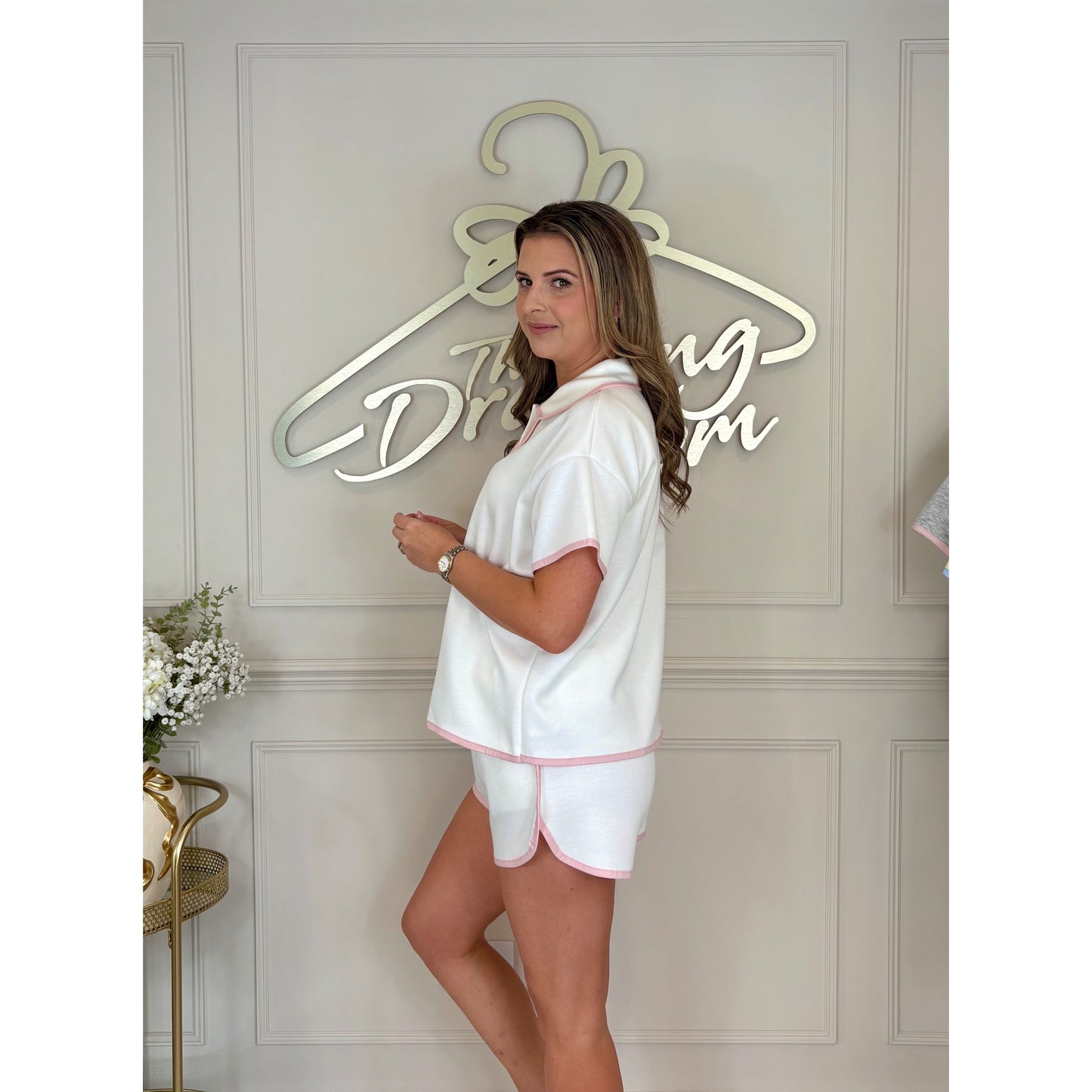 Button Short Set in Cream and Pink