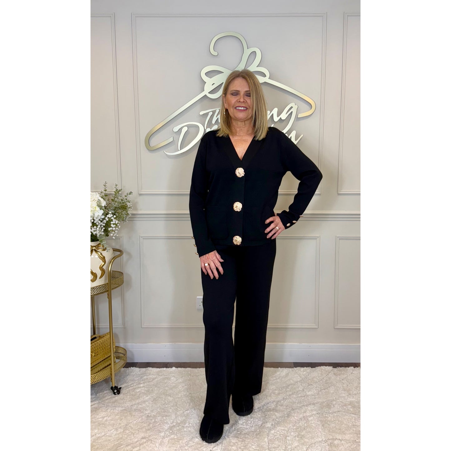 Gold Button Detail Knitted Loungesuit in Black