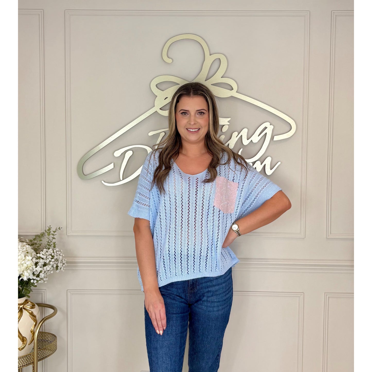 Sequin Pocket Crochet Top in Blue