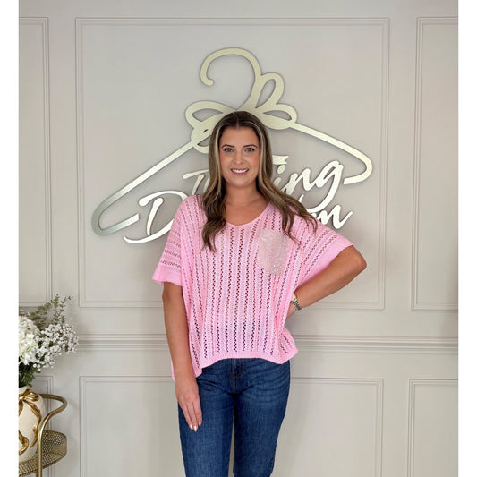 Sequin Pocket Crochet Top in Pink
