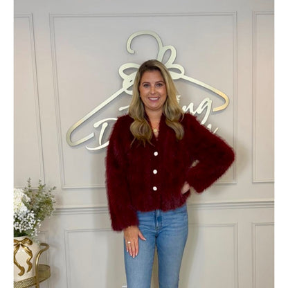 Fur Cardigan with Pearlised Buttons in Burgendy