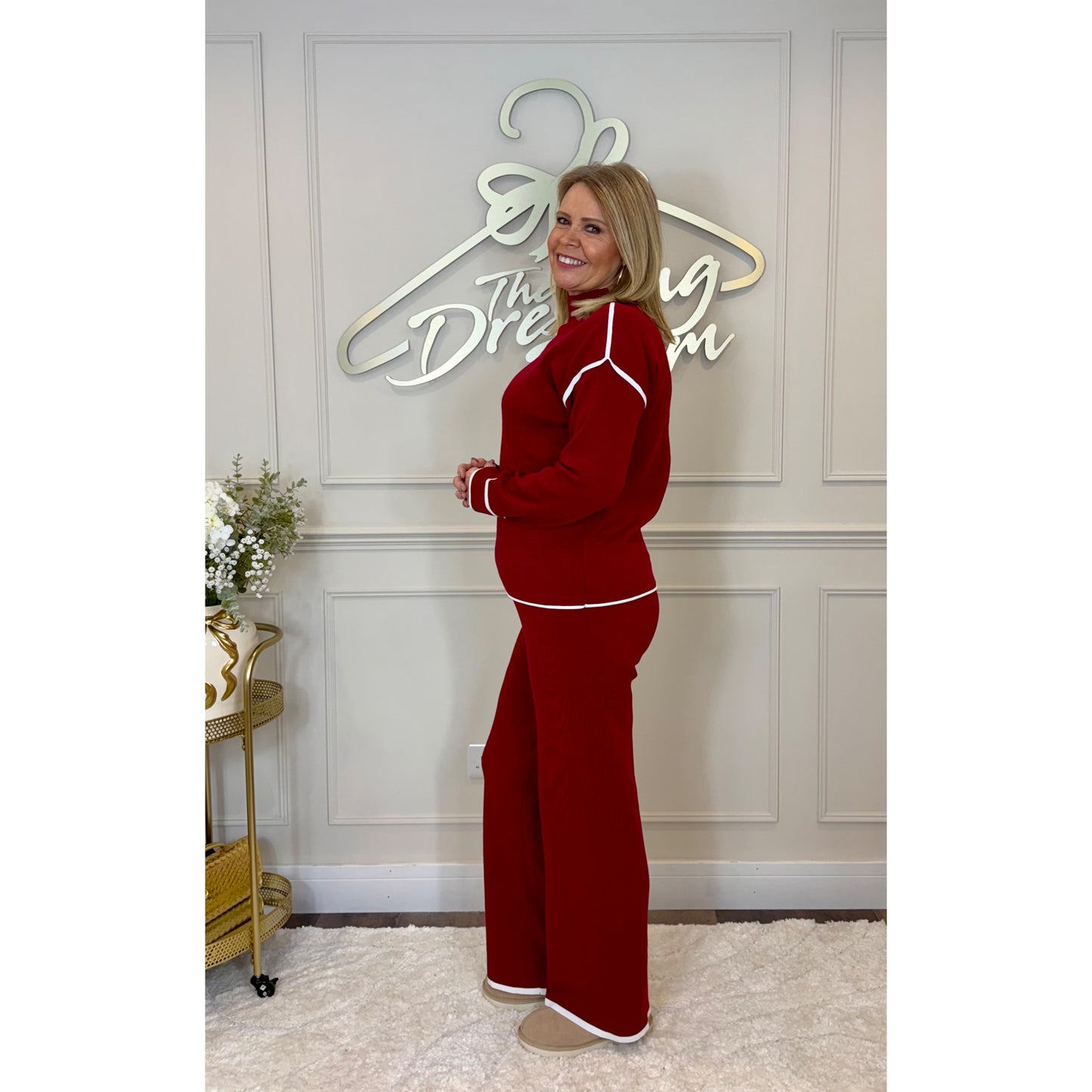 Knitted Loungesuit with Piping Detail in Red