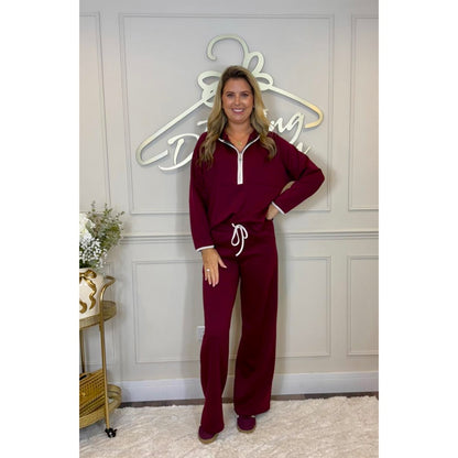 Hooded Half Zip Loungesuit in Dark Cherry