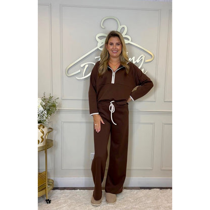 Hooded Half Zip Loungesuit in Brown