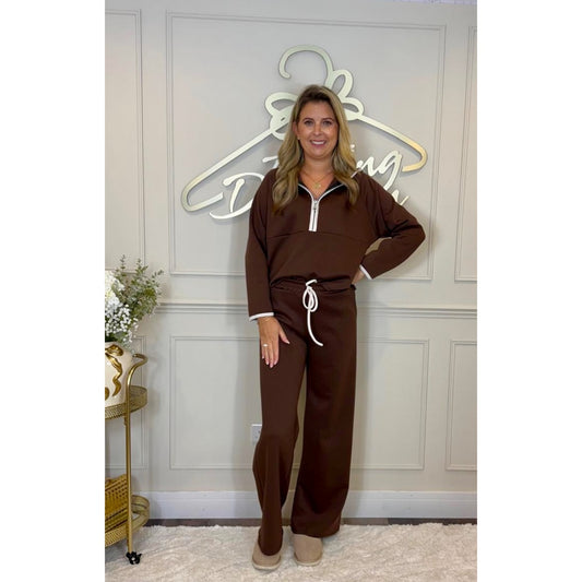 Hooded Half Zip Loungesuit in Brown