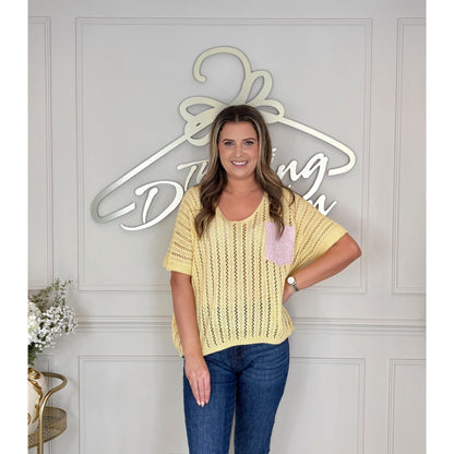 Sequin Pocket Crochet Top in Yellow