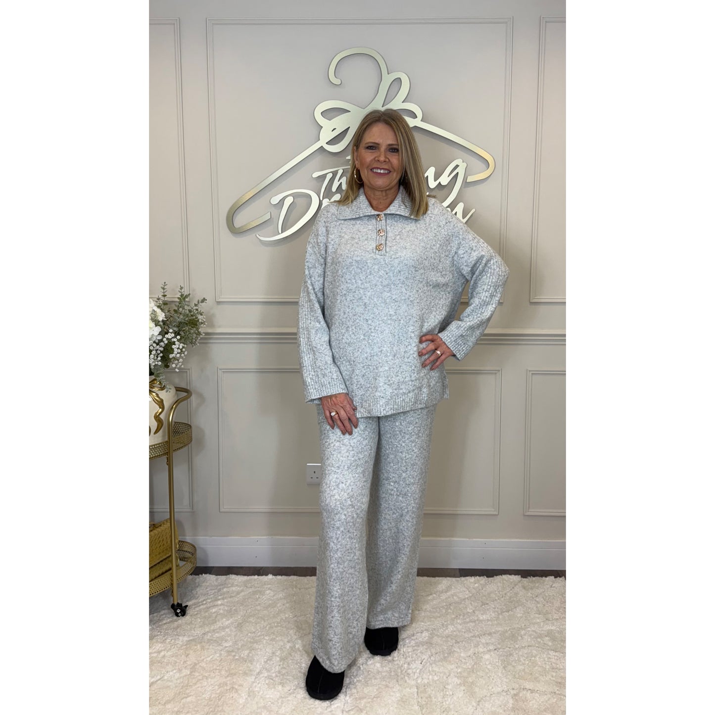 Ribbed Collared Gold Button Loungesuit in Grey