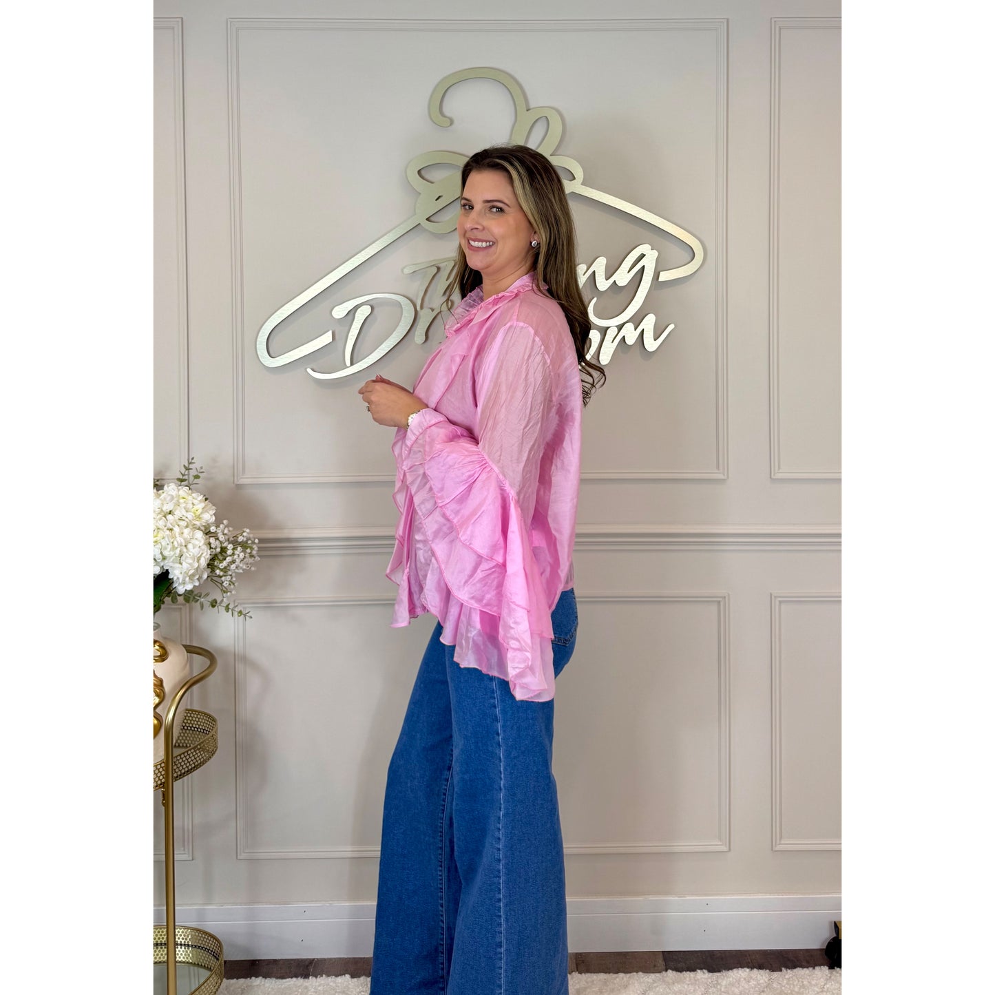 Bell Sleeve Ruffle Blouse in Pink