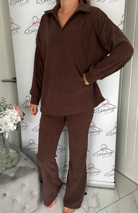 Ribbed V Collar Flared Loungesuit in Brown