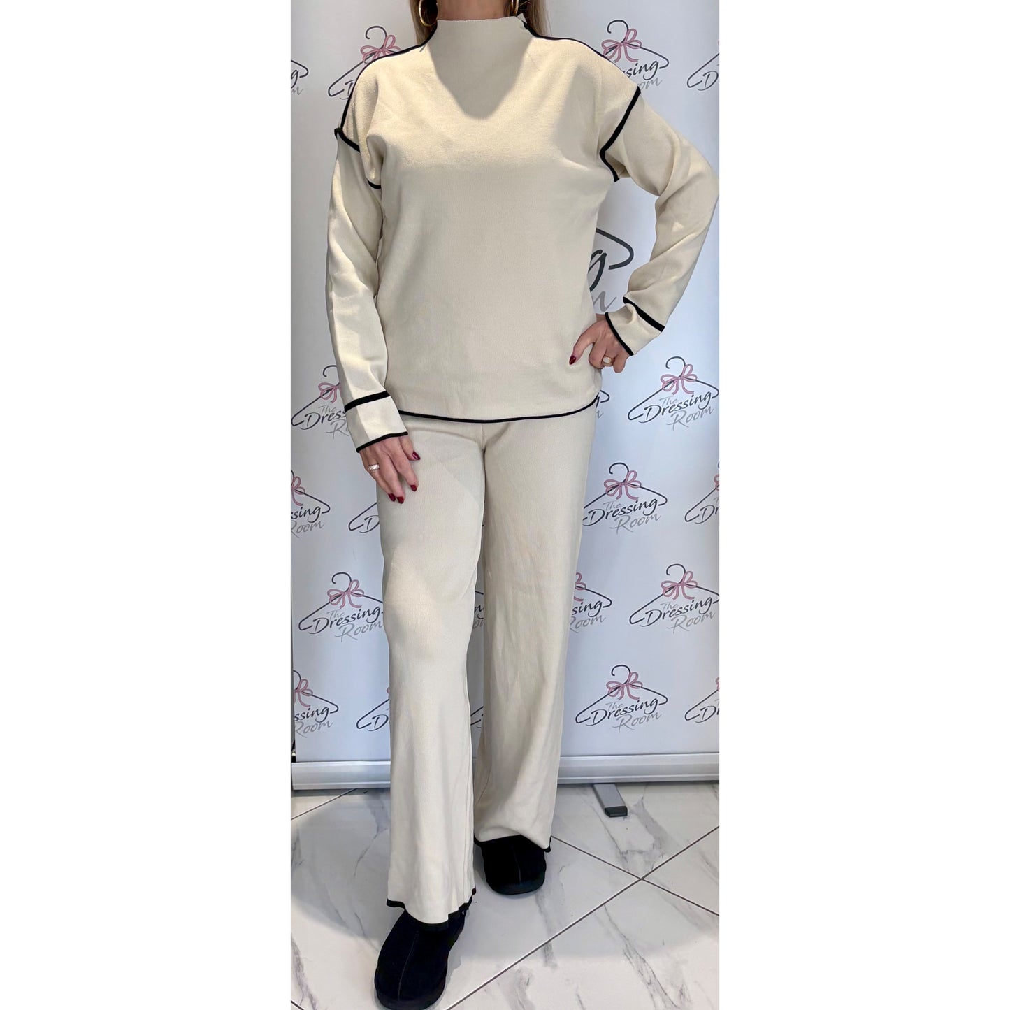 Knitted Loungesuit with Piping Detail in Cream