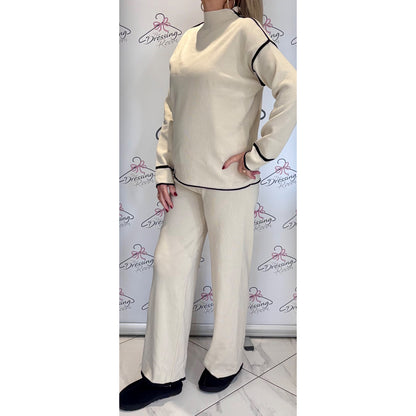 Knitted Loungesuit with Piping Detail in Cream