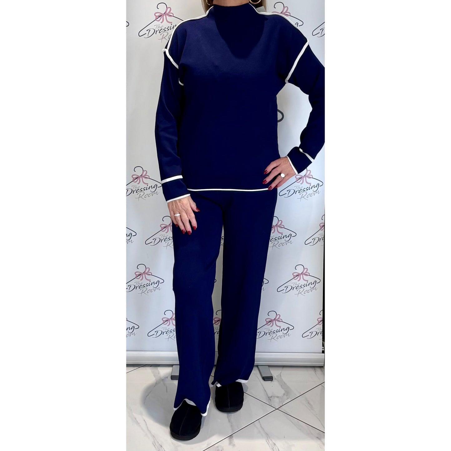 Knitted Loungesuit with Piping Detail in Navy