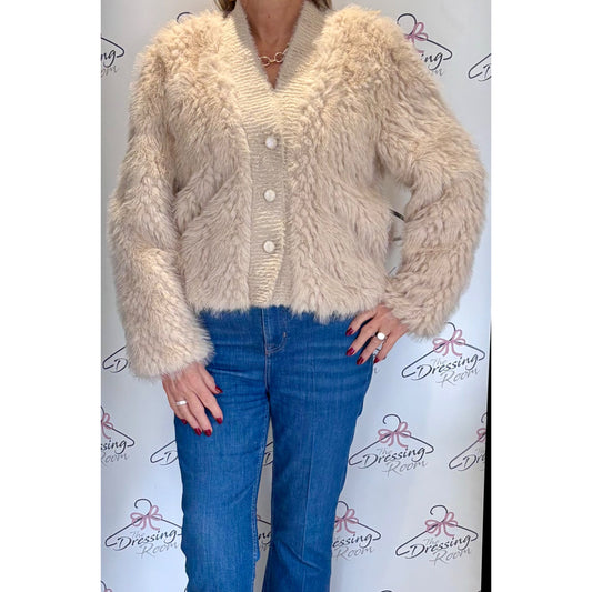 Fur Cardigan with Pearlised Buttons in Cream
