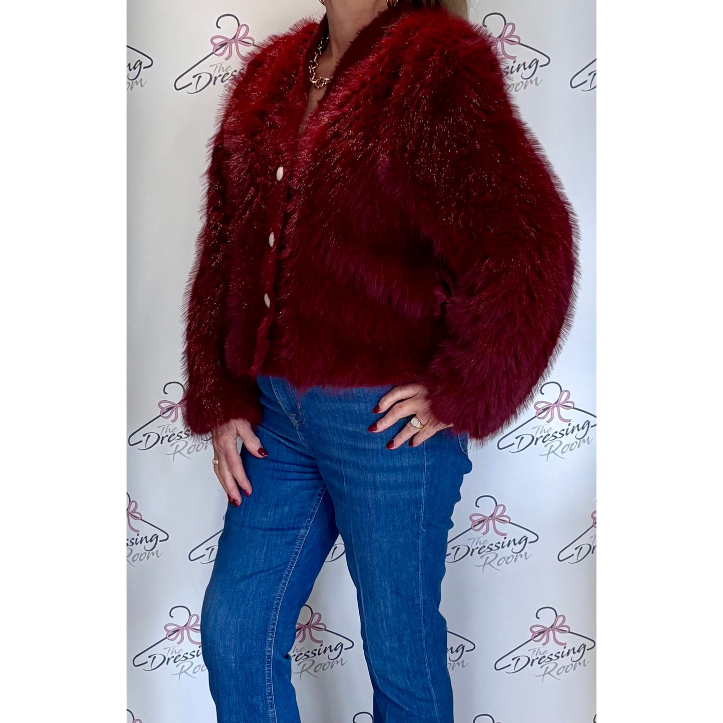 Fur Cardigan with Pearlised Buttons in Burgendy