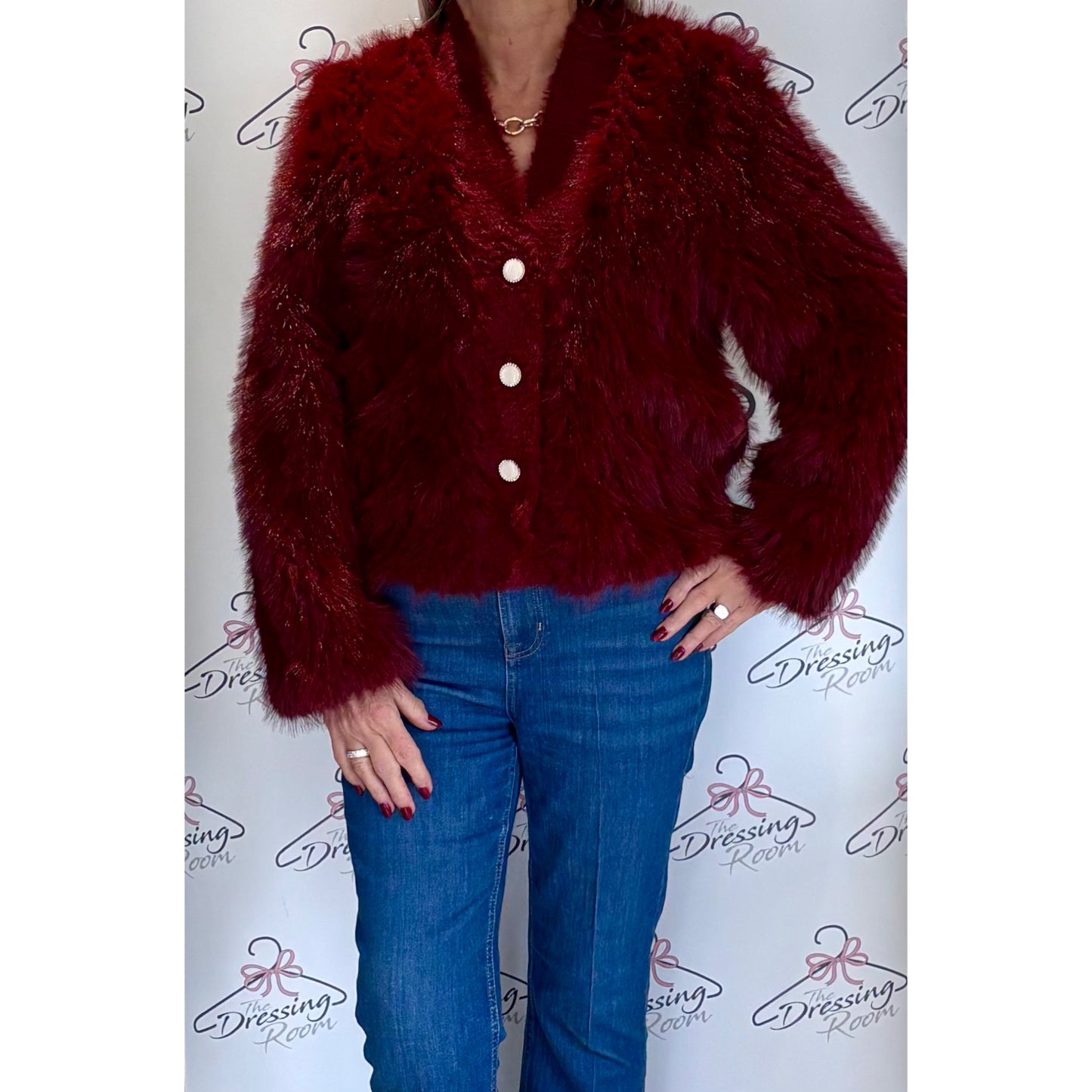 Fur Cardigan with Pearlised Buttons in Burgendy