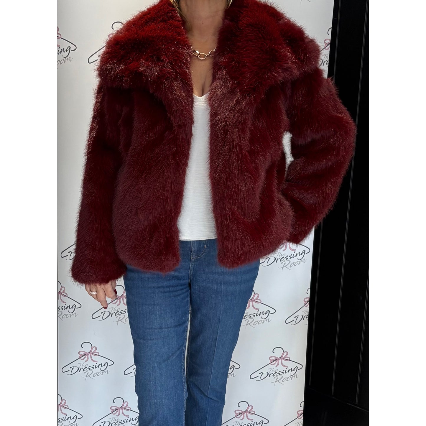 Faux Fur Jacket in Burgendy