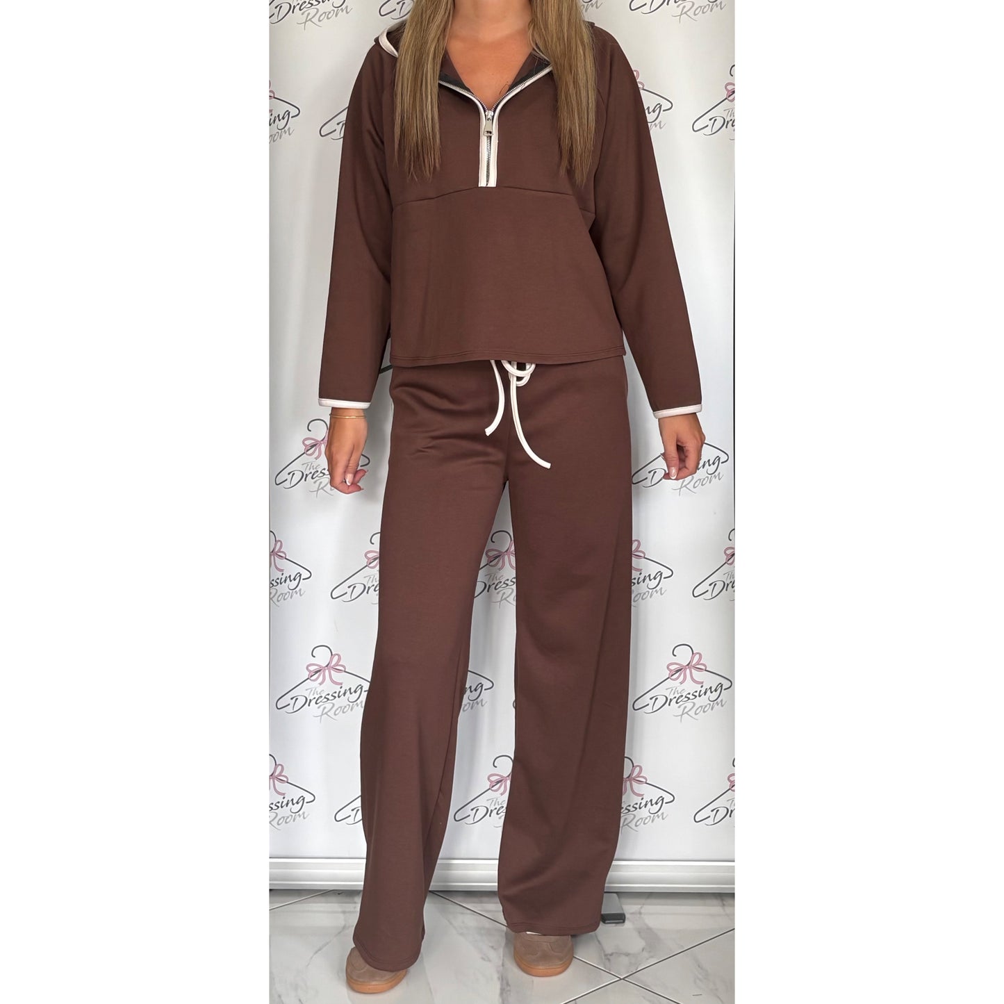 Hooded Half Zip Loungesuit in Brown