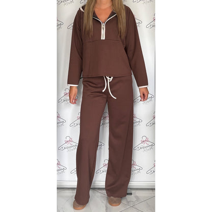 Hooded Half Zip Loungesuit in Brown