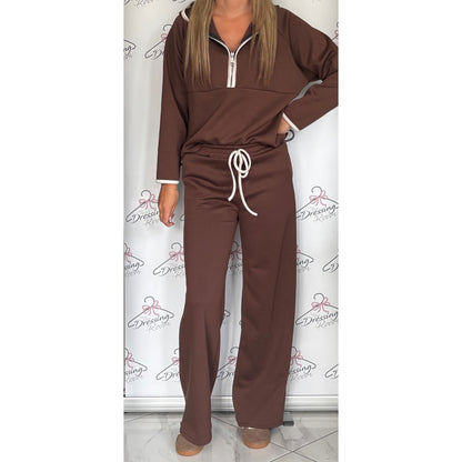 Hooded Half Zip Loungesuit in Brown