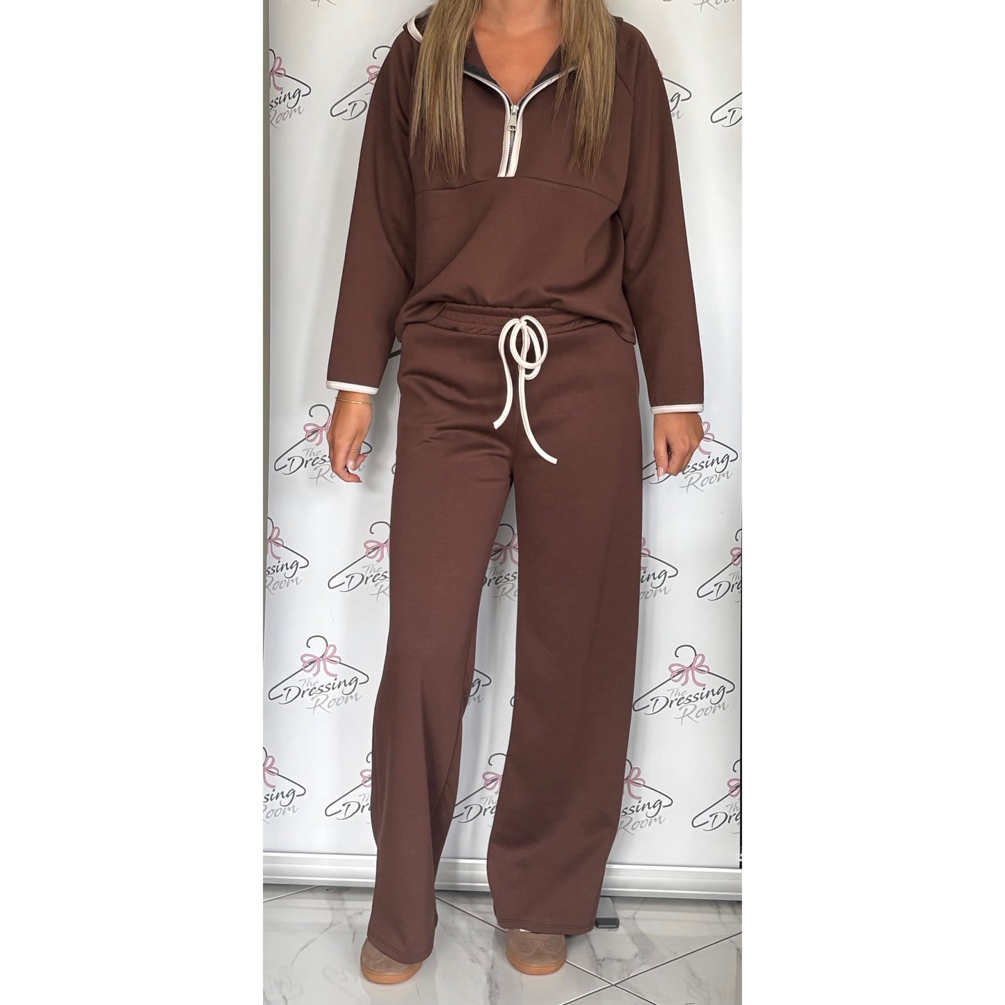 Hooded Half Zip Loungesuit in Brown
