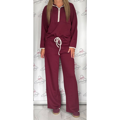 Hooded Half Zip Loungesuit in Dark Cherry