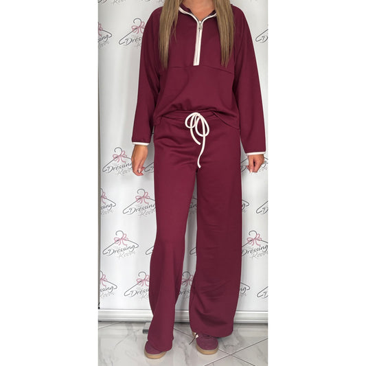 Hooded Half Zip Loungesuit in Dark Cherry