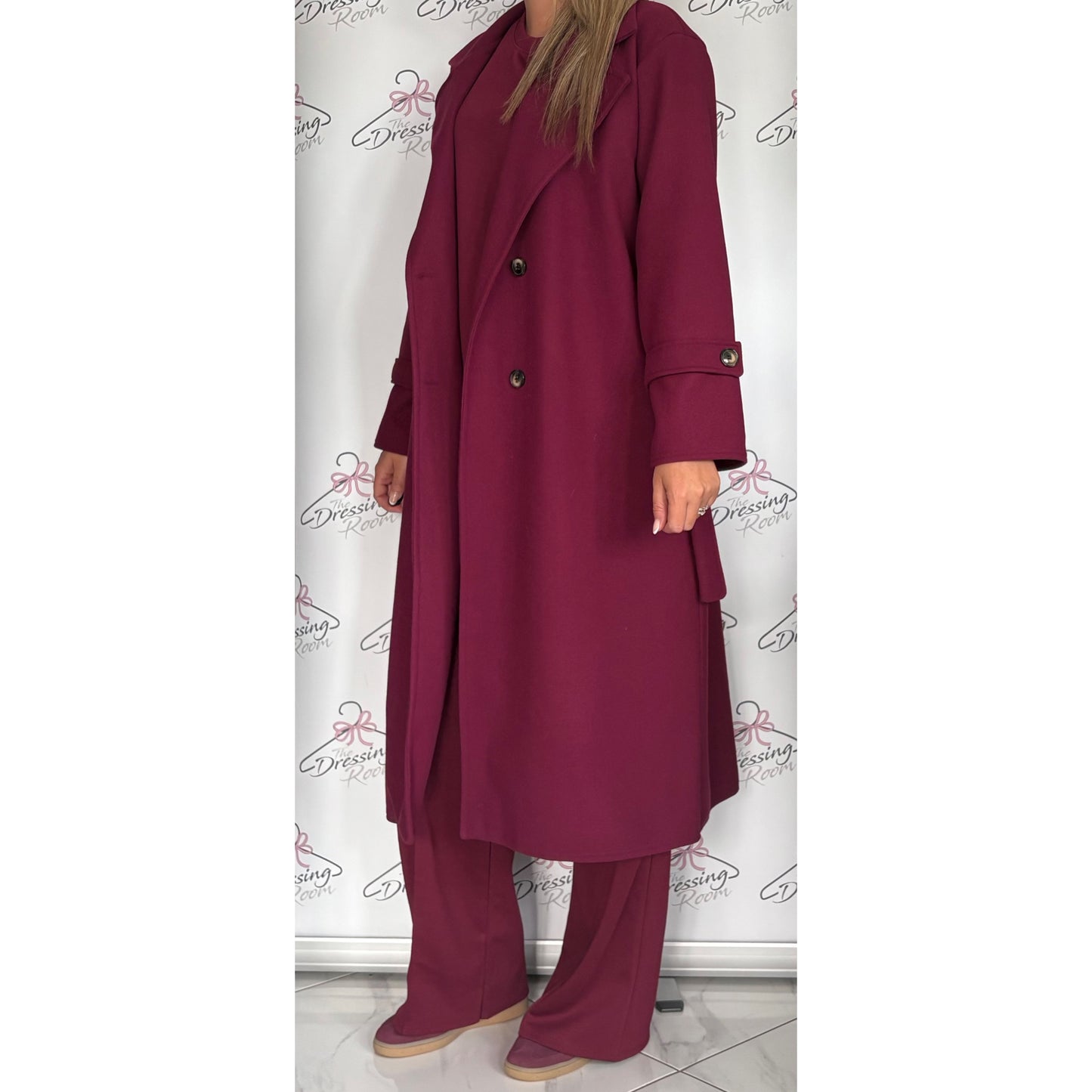 Double Breasted Belted Coat in Dark Cherry