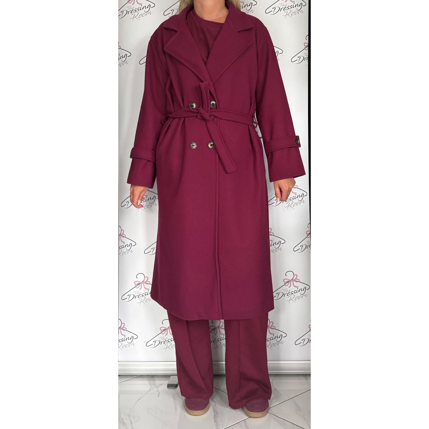 Double Breasted Belted Coat in Dark Cherry