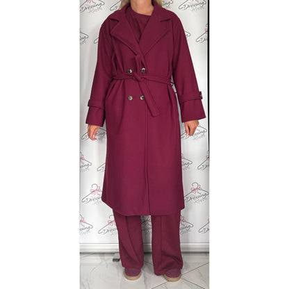 Double Breasted Belted Coat in Dark Cherry