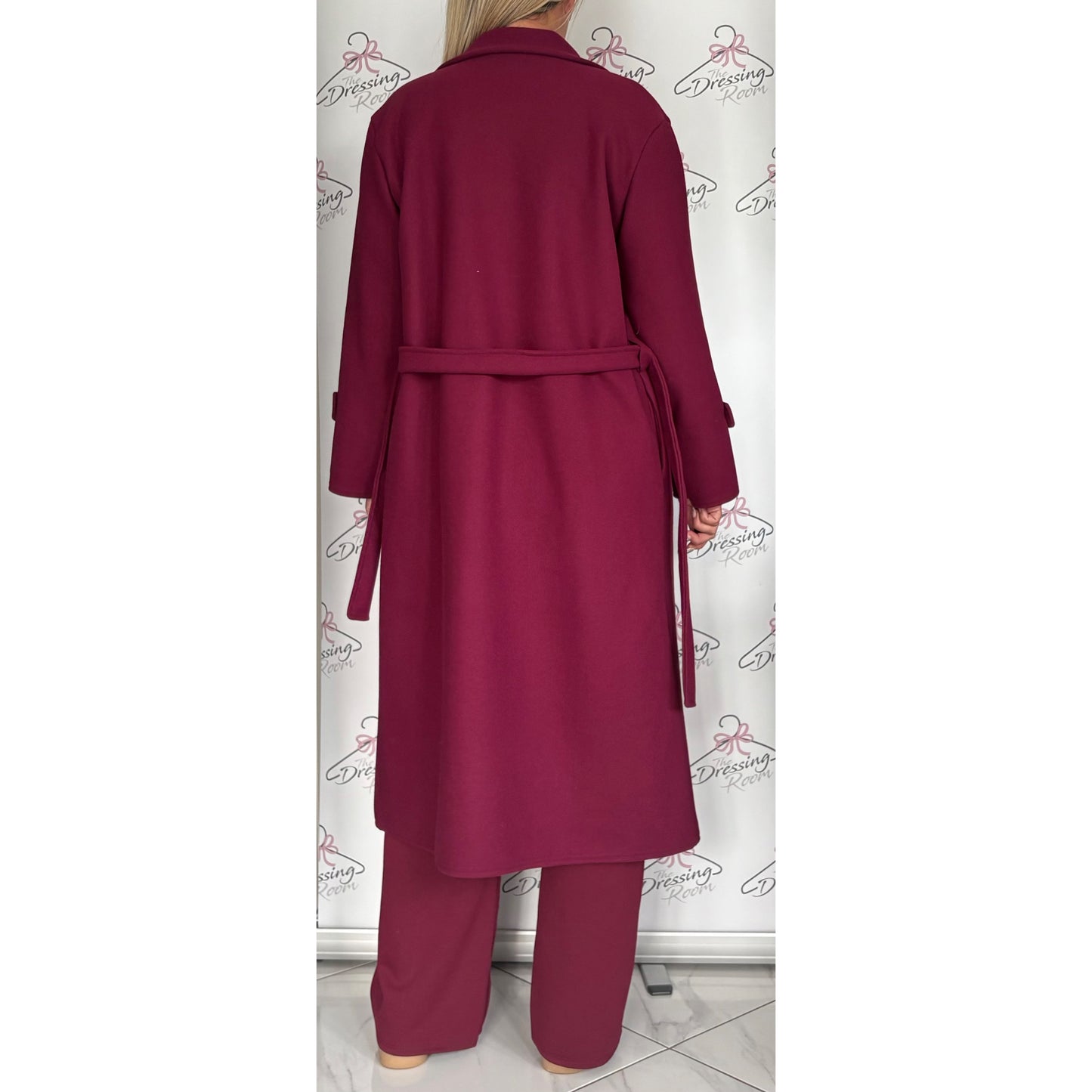 Double Breasted Belted Coat in Dark Cherry