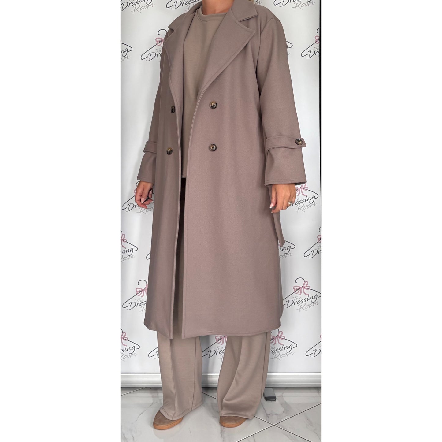 Double Breasted Belted Coat in Taupe