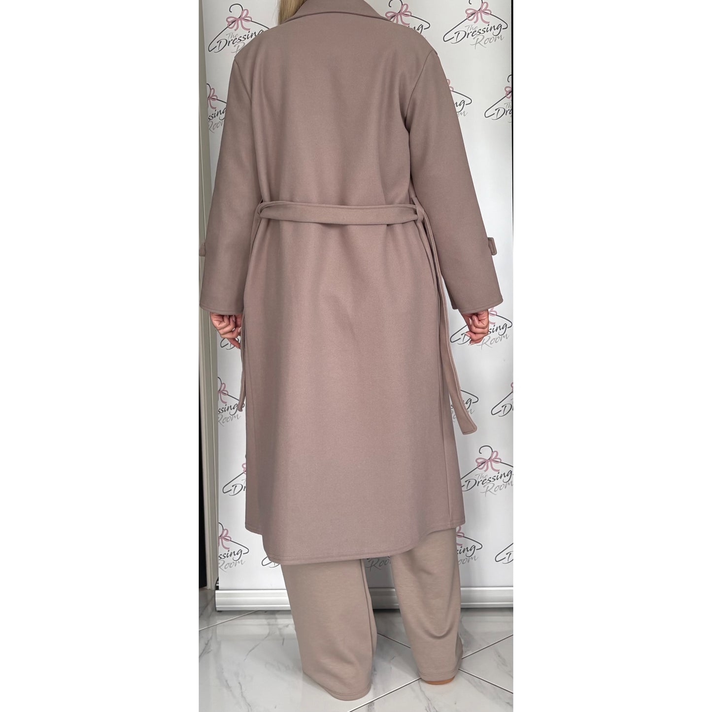 Double Breasted Belted Coat in Taupe