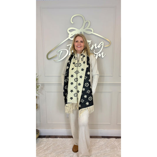 Designer Inspired Scarf in Cream and Black