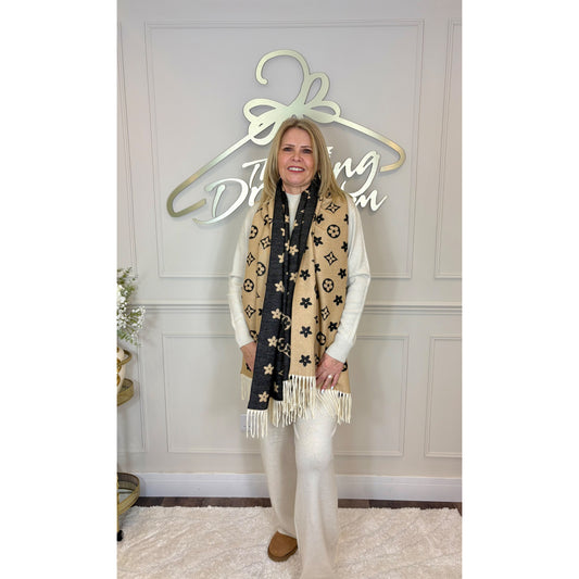 Designer Inspired Scarf in Black and Camel