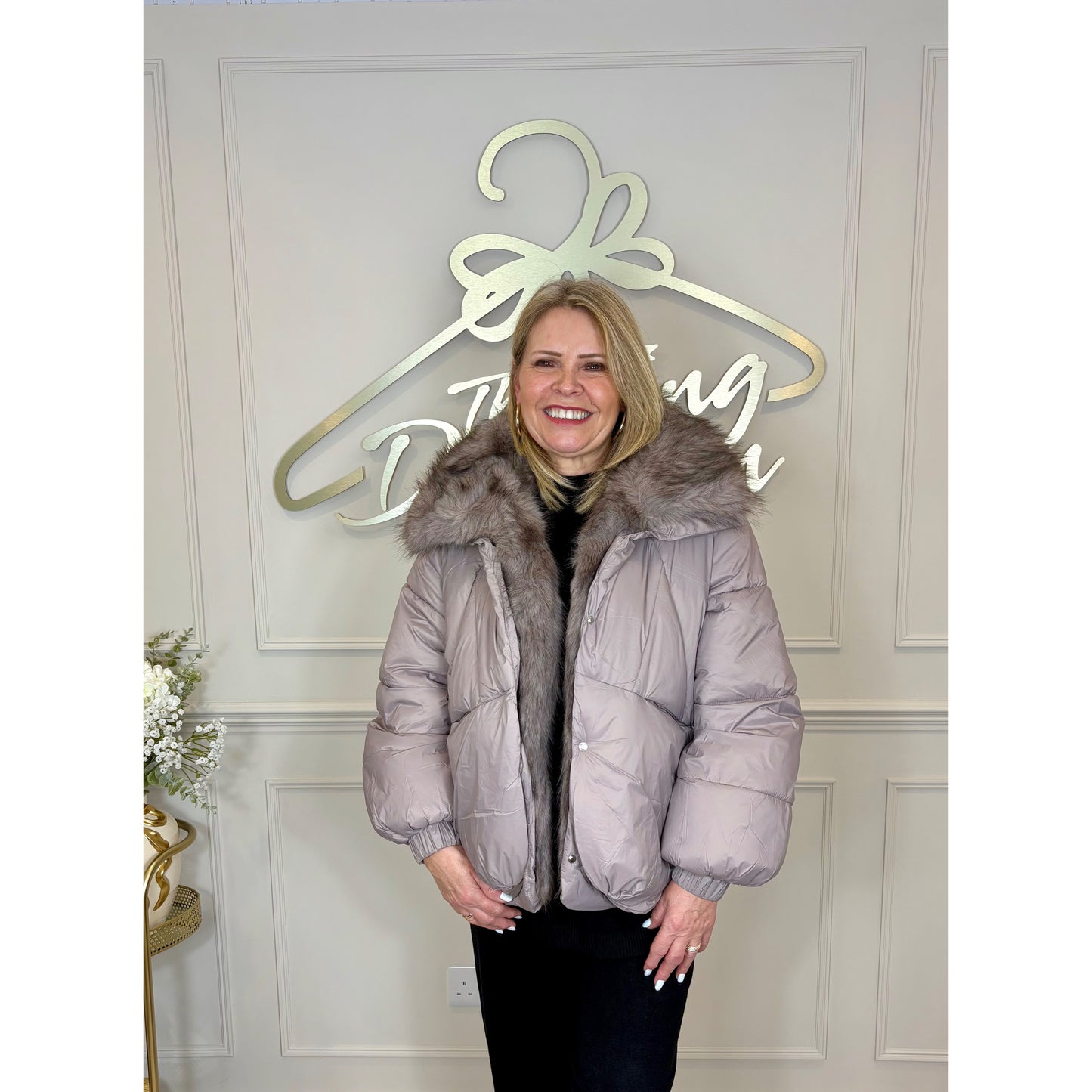 Fur Collar Puffer Jacket in Mushroom