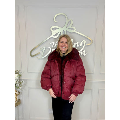 Fur Collar Puffer Jacket in Wine