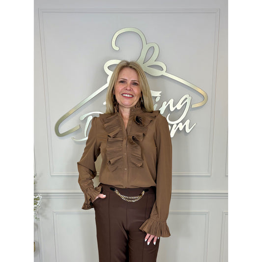 Long Sleeve Ruffle Blouse in Brown