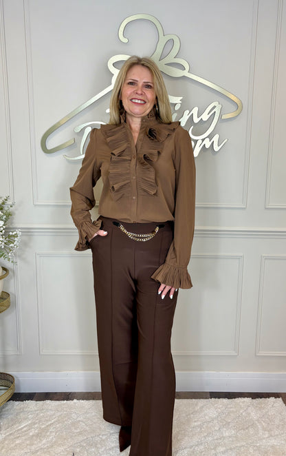 Straight Leg Trousers with Gold Chain Belt Detail in Brown
