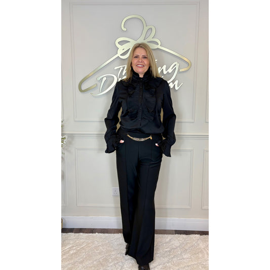 Straight Leg Trousers with Gold Chain Belt Detail in Black