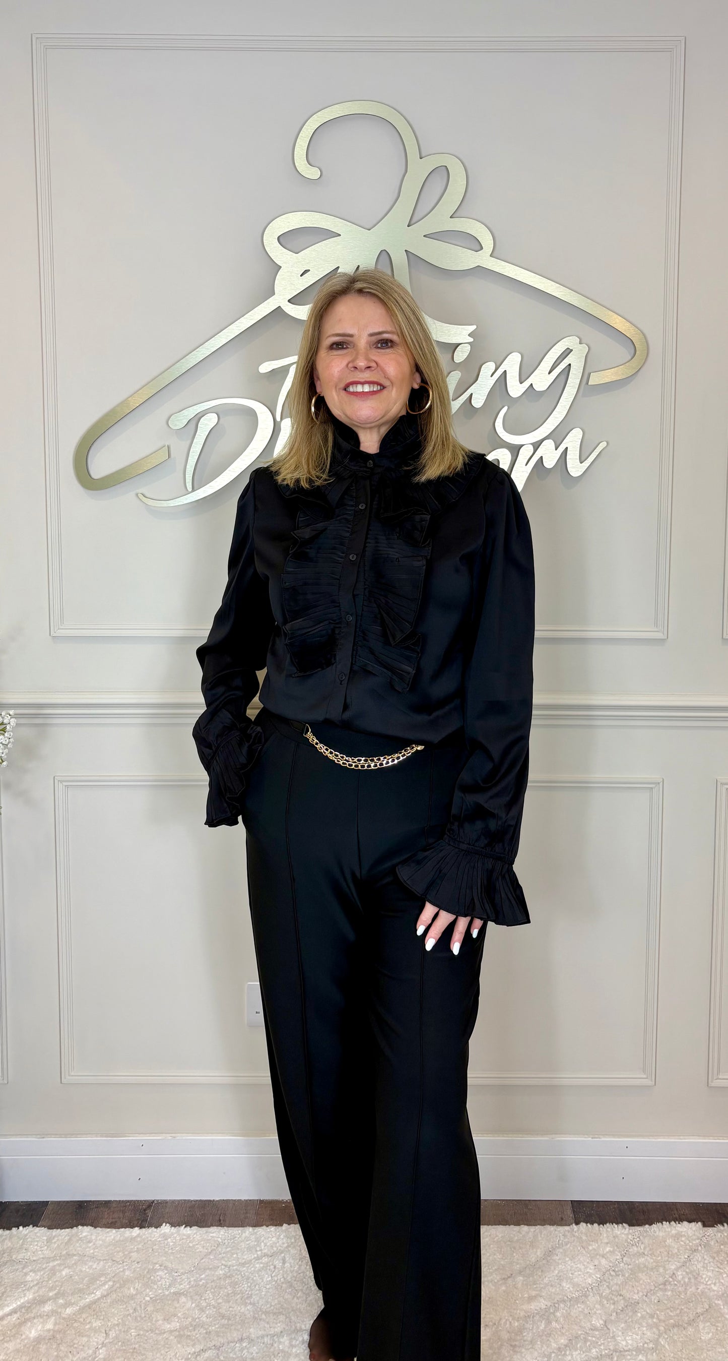 Straight Leg Trousers with Gold Chain Belt Detail in Black